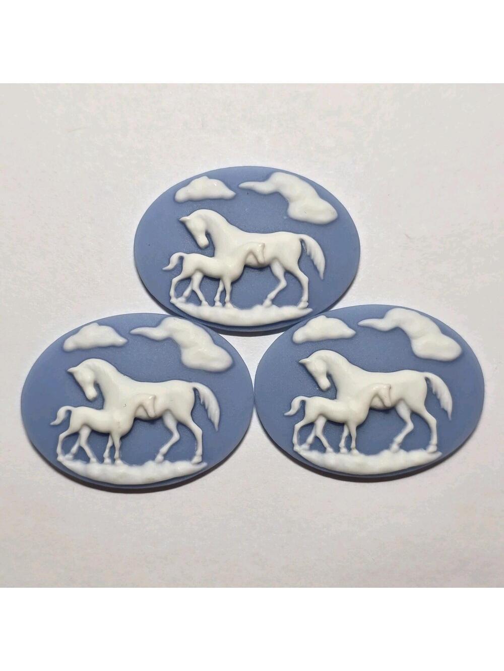 Lot of 3 Pegasus Horse Cameo Cabochons Blue White Resin Relief EUC